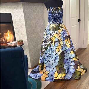 Terani Couture Blue and Yellow Mosaic Dress